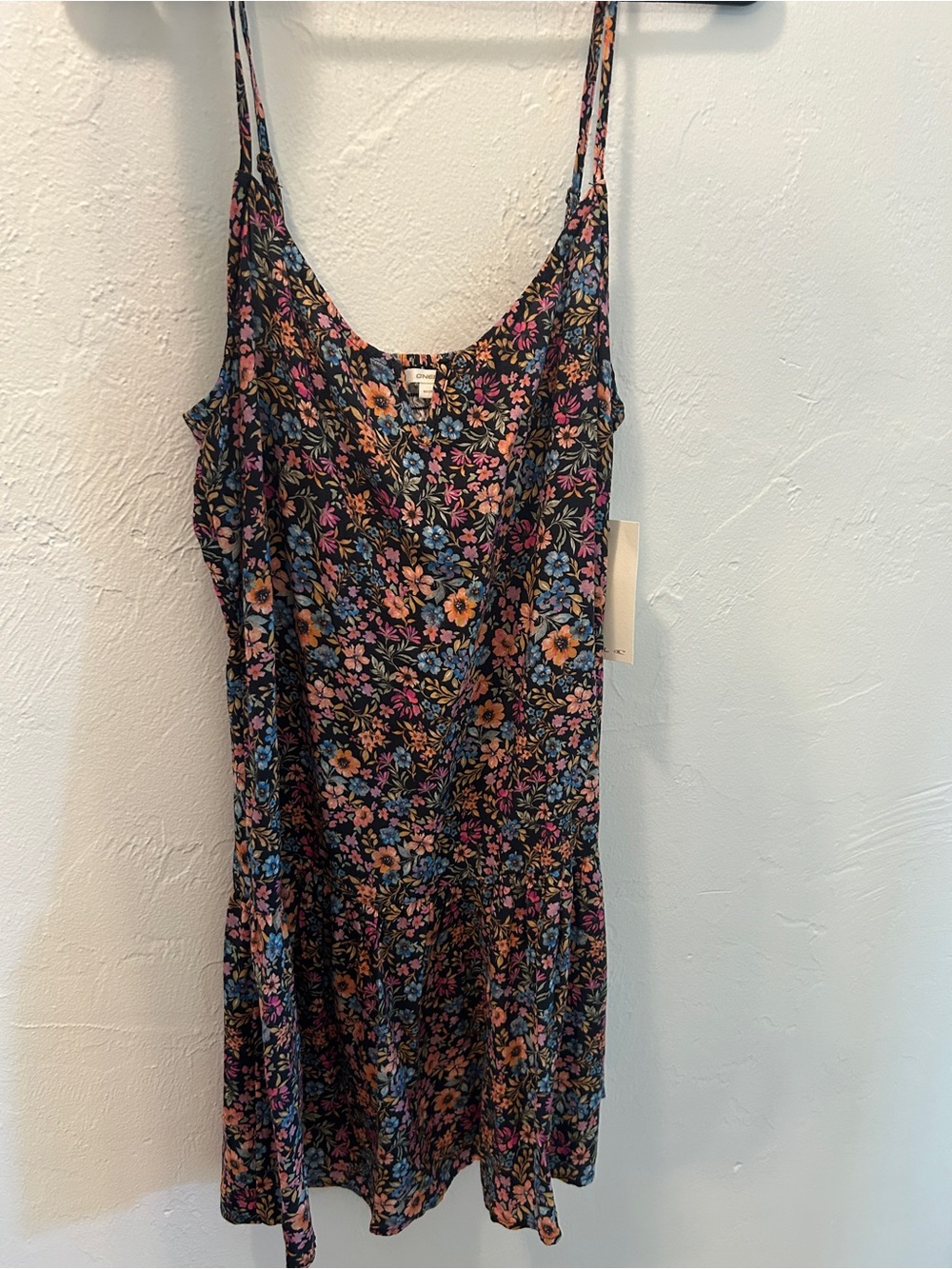 O'Neill Black Floral Trim Smocked Top with Multicolor Accents